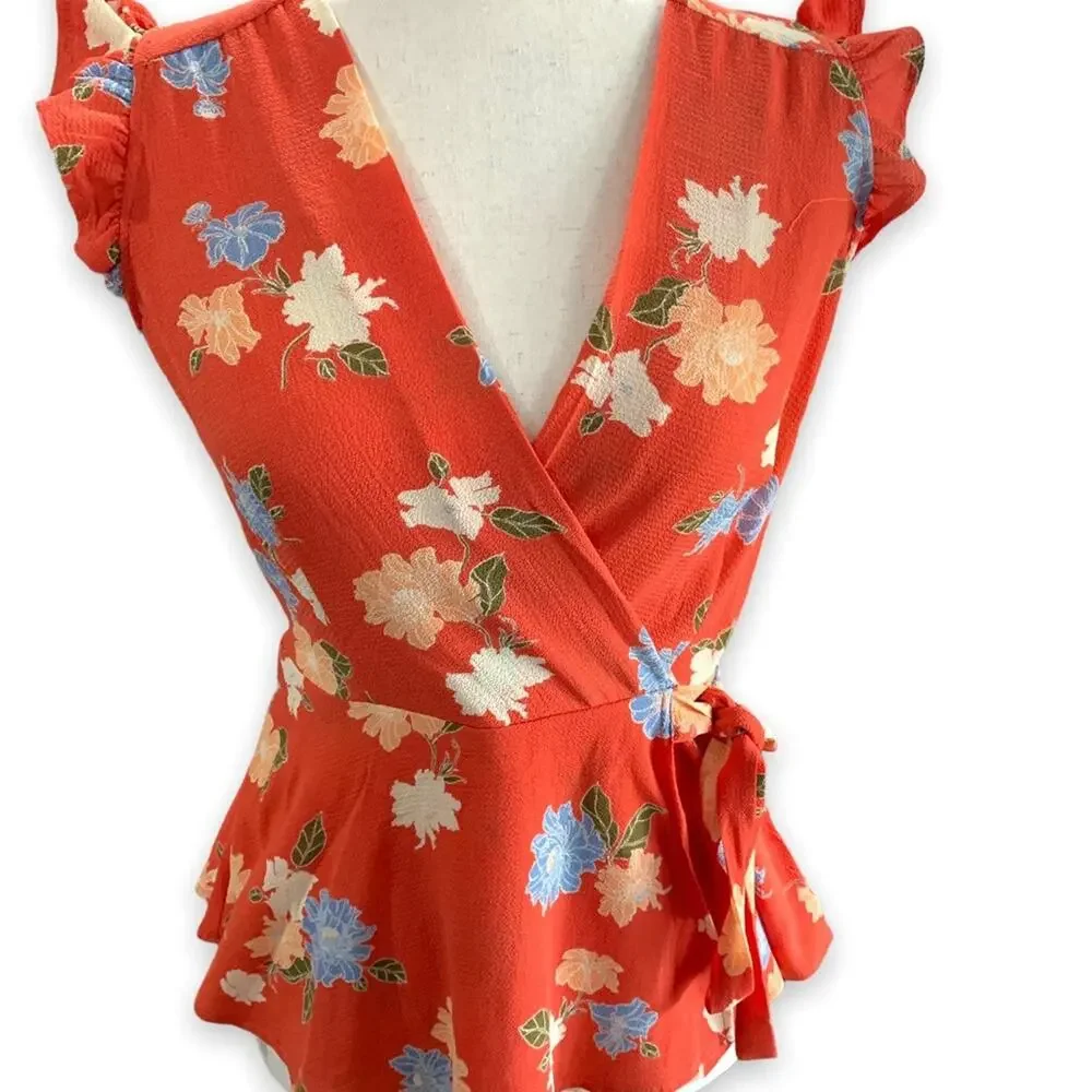 New monteau blouse sleeveless faux wrap orange floral side tie top shirt size‎ M